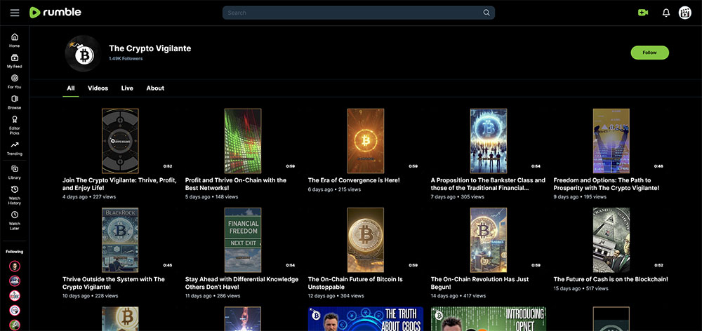 The Crypto Vigilante - Rumble Cryptocurrency Bitcoin video channel home page screenshot.