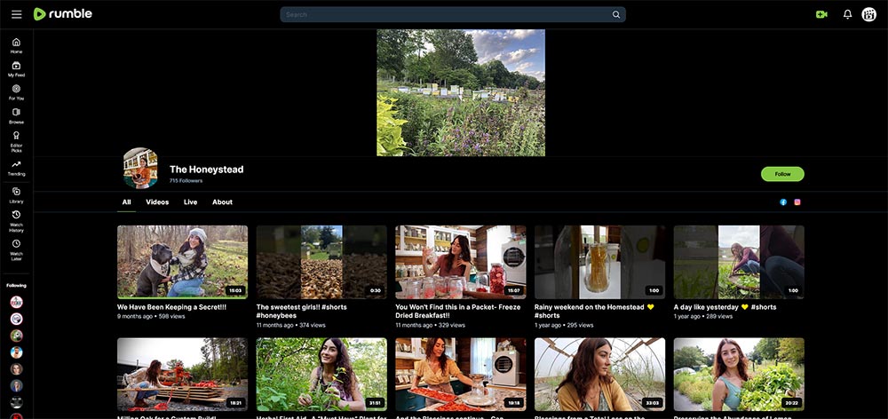 The Honeystead - Beekeeping Rumble channel home page screenshot.