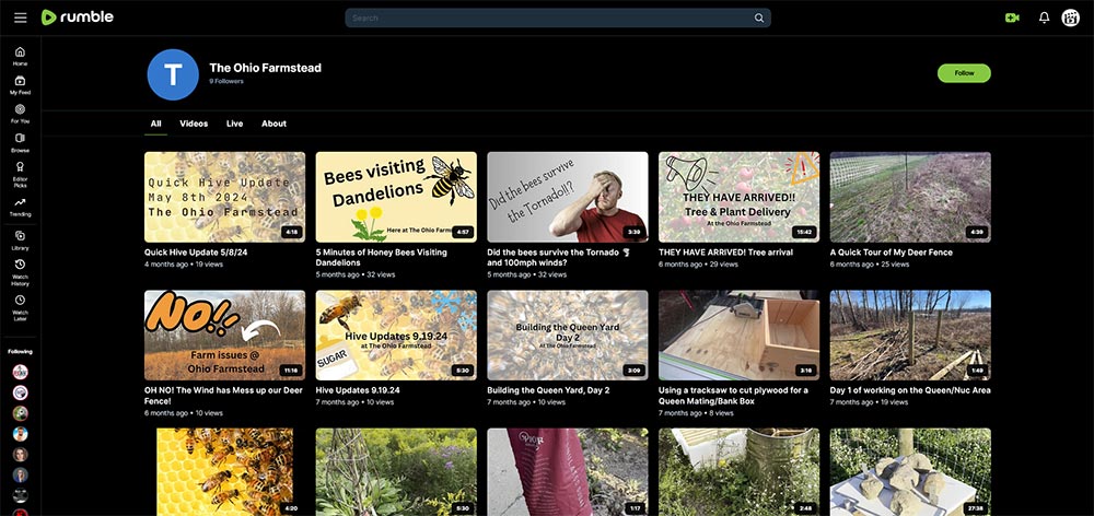 The Ohio Farmstead - Beekeeping Rumble channel home page screenshot.