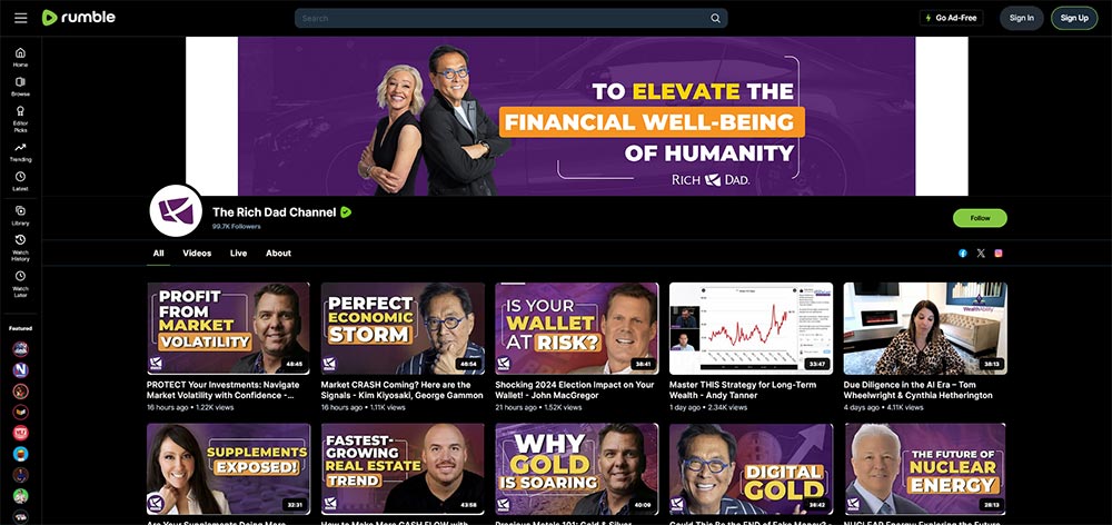 The Rich Dad Channel - Rumble Finance Investing video channel home page screenshot.