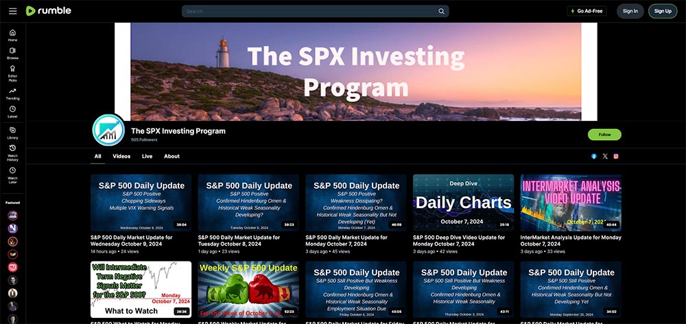 The SPX Investing Program - Rumble Finance Investing video channel home page screenshot.