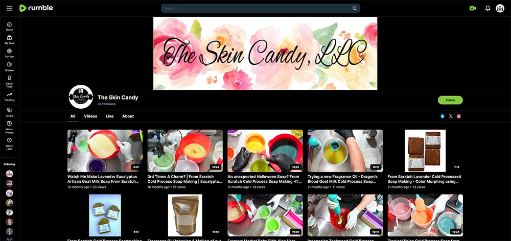 The Skin Candy - Soap making Rumble channel home page screenshot.
