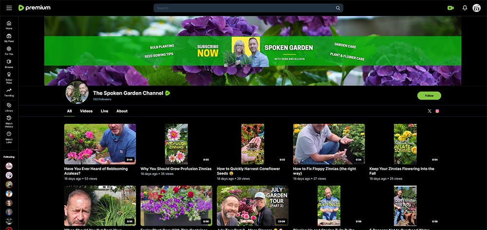 The Spoken Garden Channel - Rumble gardening channel home page screenshot.