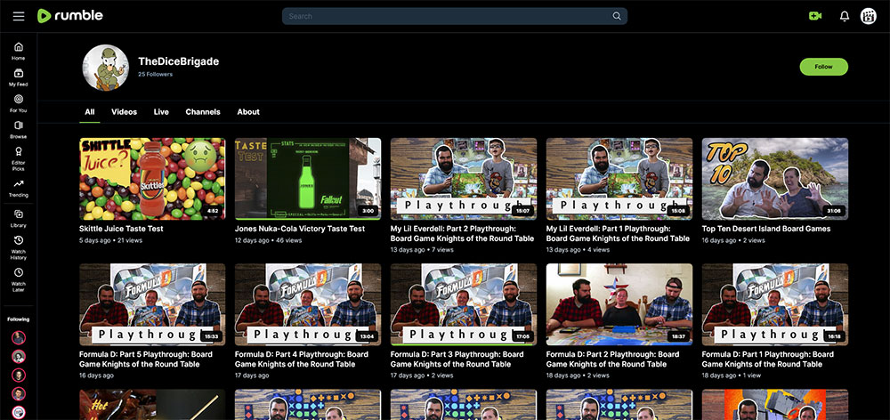 "TheDiceBrigade" Rumble Board Games video channel home page screenshot.