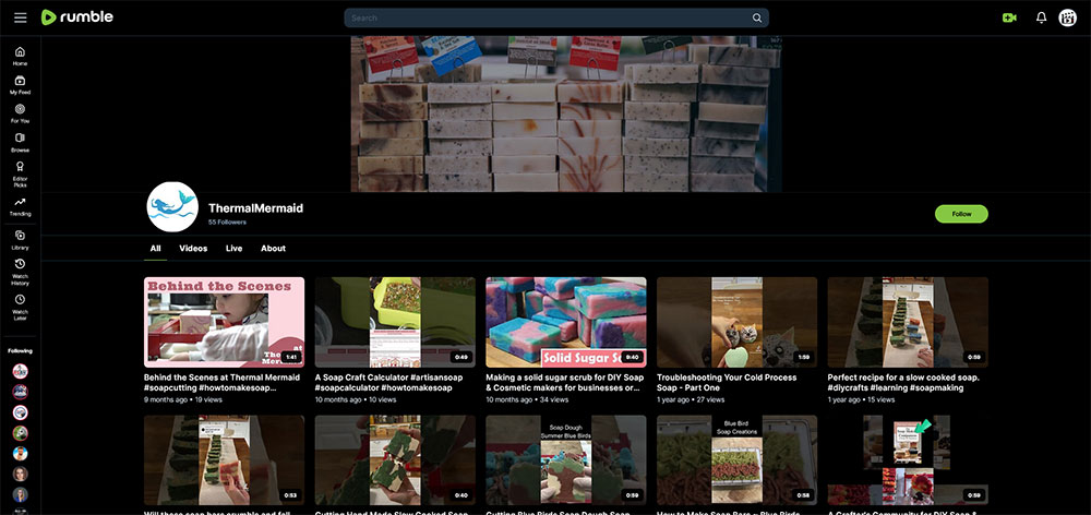 ThermalMermaid - Soap making Rumble channel home page screenshot.