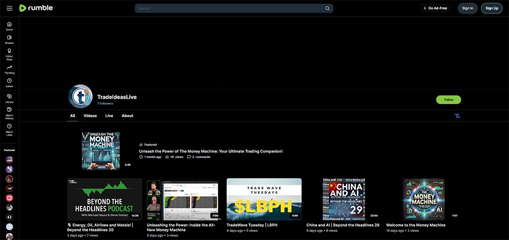 TradeIdeasLive - Rumble Finance Investing video channel home page screenshot.
