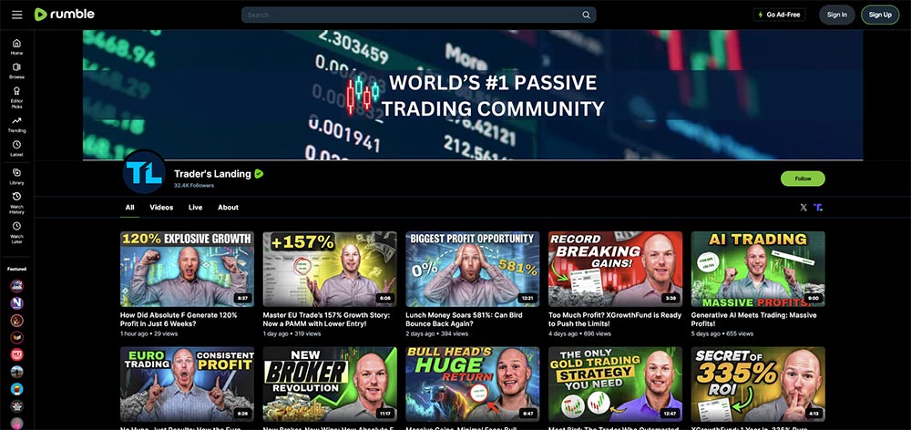 Trader's Landing - Rumble Finance Investing video channel home page screenshot.
