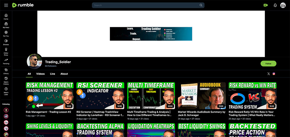 Trading_Soldier - Rumble Cryptocurrency Bitcoin video channel home page screenshot.