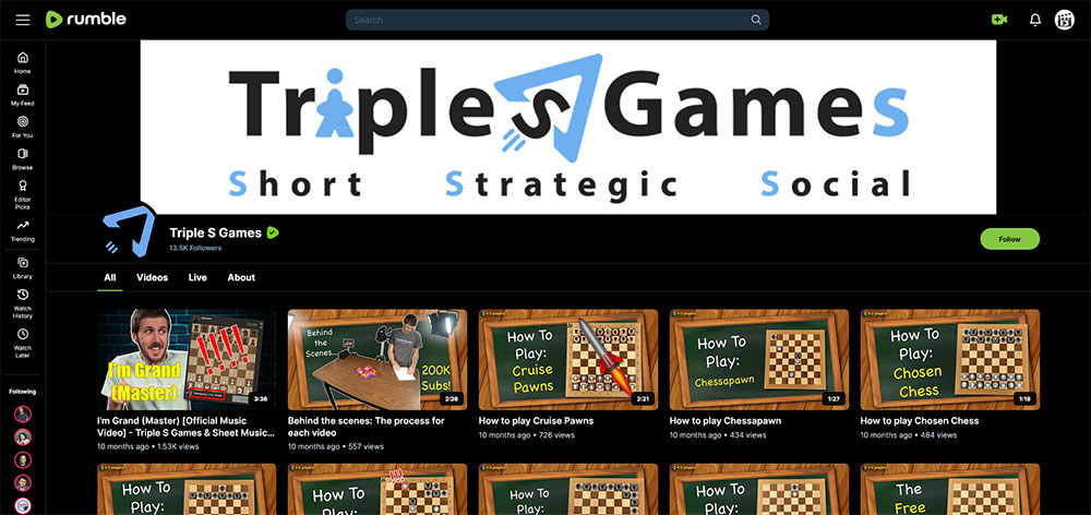 "Triple S Games" Rumble Board Games video channel home page screenshot.