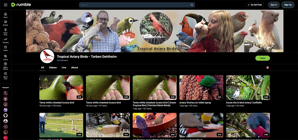 Tropical Aviary Birds-Torben Dehlholm - Birds Rumble video channel home page screenshot.