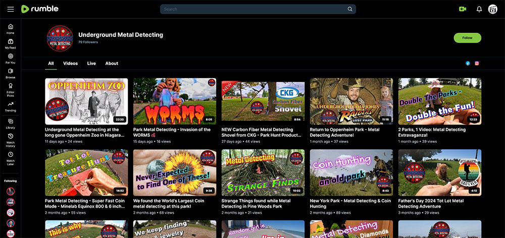 Underground Metal Detecting - Rumble Metal Detecting video channel home page screenshot.
