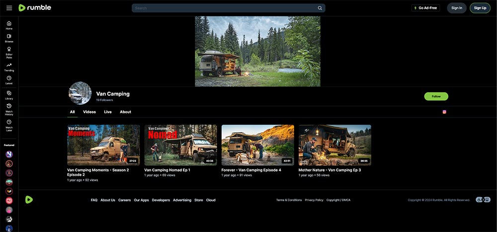 Van Camping - Rumble Camping video channel home page screenshot