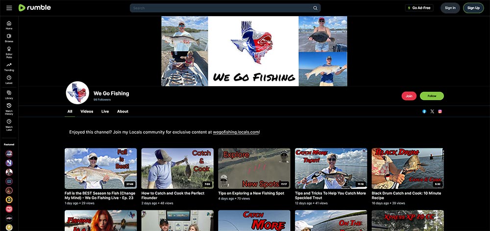 We Go Fishing - Rumble Fishing video channel home page screenshot.