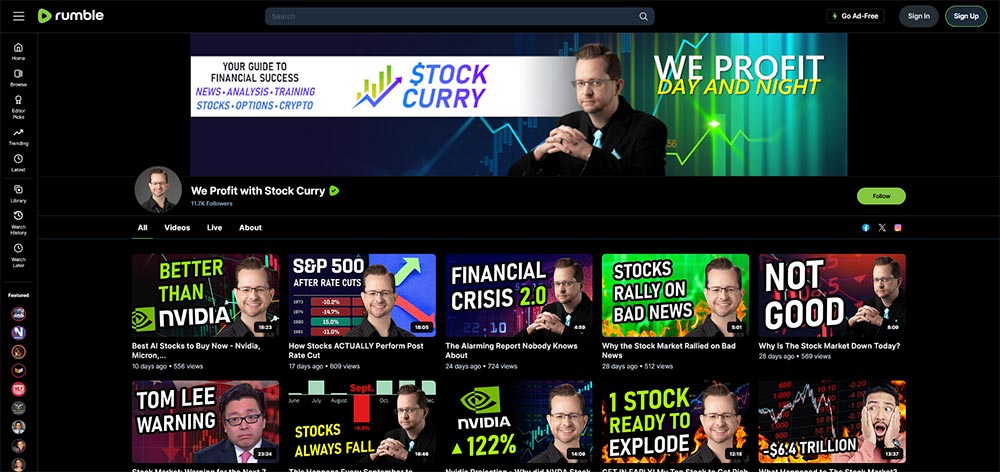 We Profit with Stock Curry - Rumble Finance Investing video channel home page screenshot.