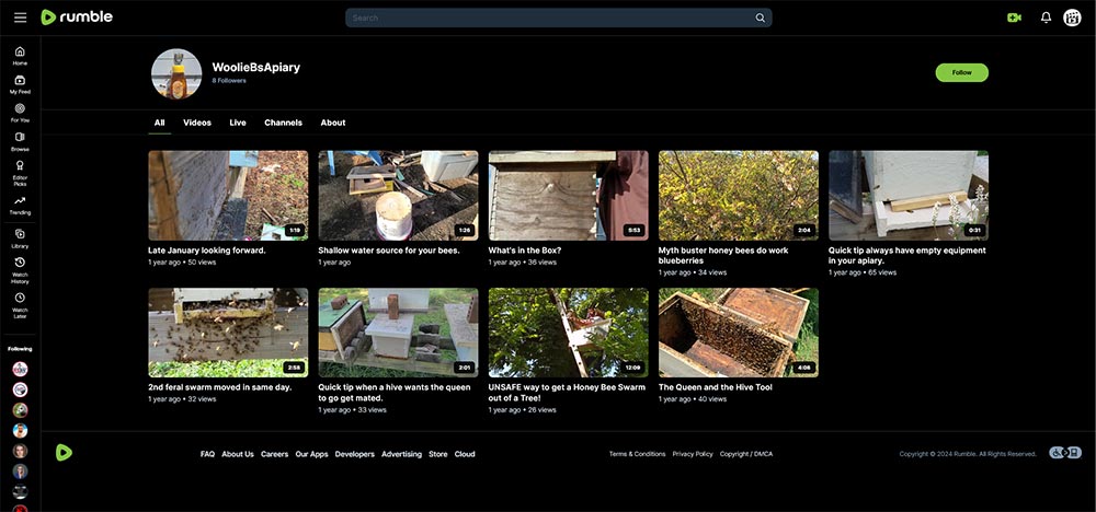 WoolieBsApiary - Beekeeping Rumble channel home page screenshot.