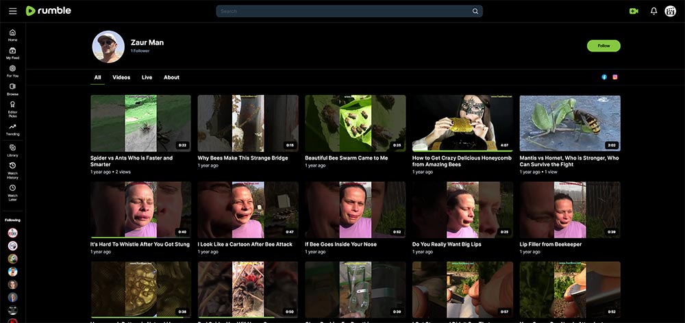 Zaur Man - Beekeeping Rumble channel home page screenshot.