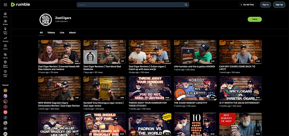 ZealCigars - Rumble Cigar video channel home page screenshot.