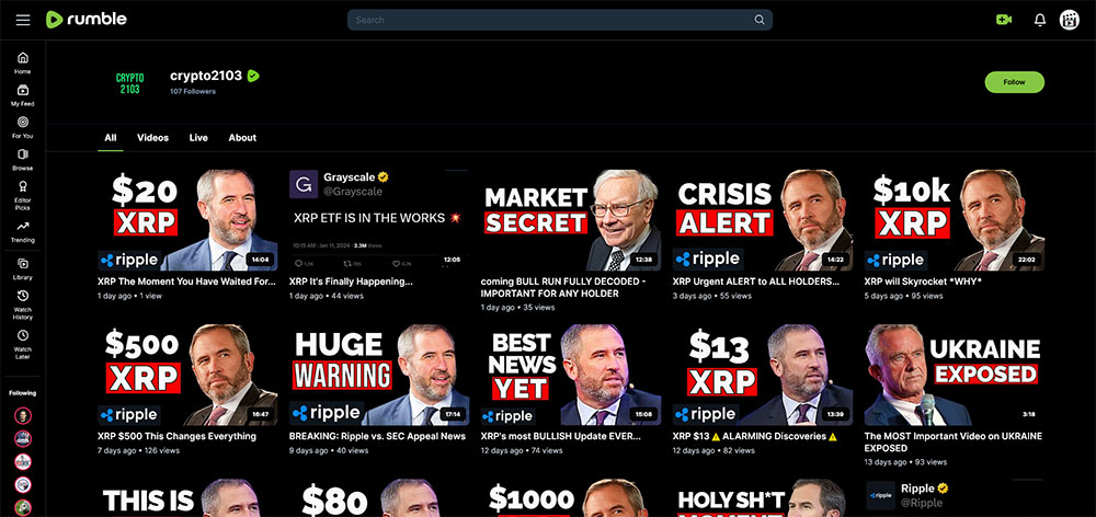 crypto2103 - Rumble Cryptocurrency Bitcoin video channel home page screenshot.