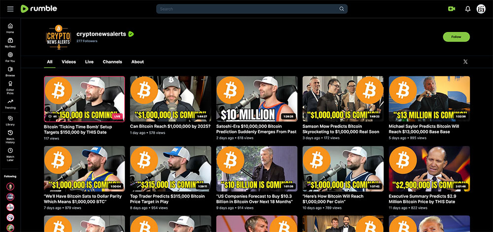 cryptonewsalerts - Rumble Cryptocurrency Bitcoin video channel home page screenshot.