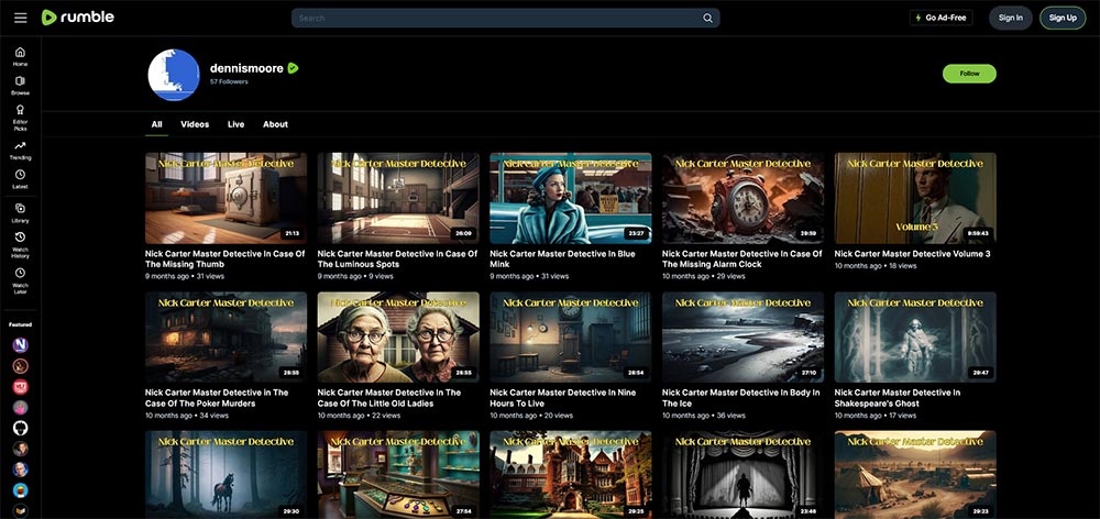 dennismoore - Rumble Old Time Radio video channel home page screenshot.
