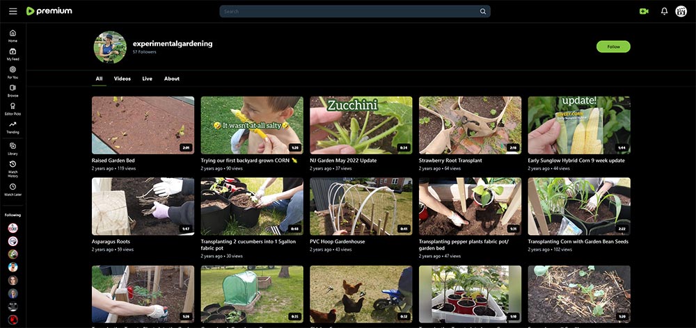 experimentalgardening - Rumble gardening channel home page screenshot.