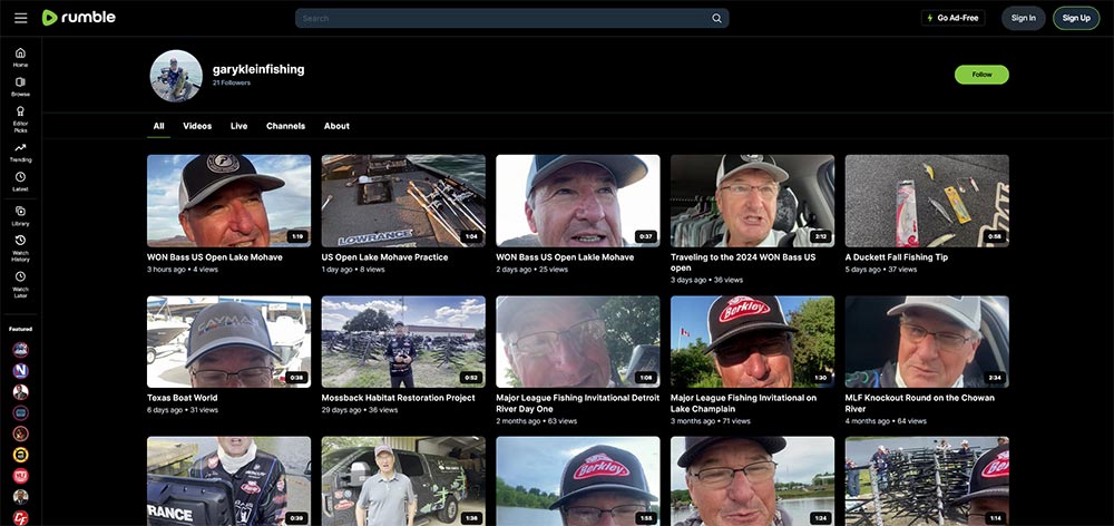 garykleinfishing - Rumble Fishing video channel home page screenshot.