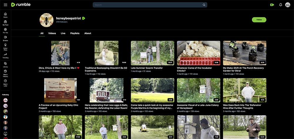 honeybeepatriot - Beekeeping Rumble channel home page screenshot.
