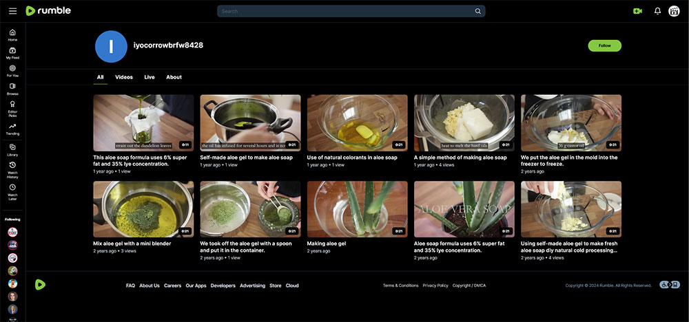 iyocorrowbrfw8428 - Soap making Rumble channel home page screenshot.