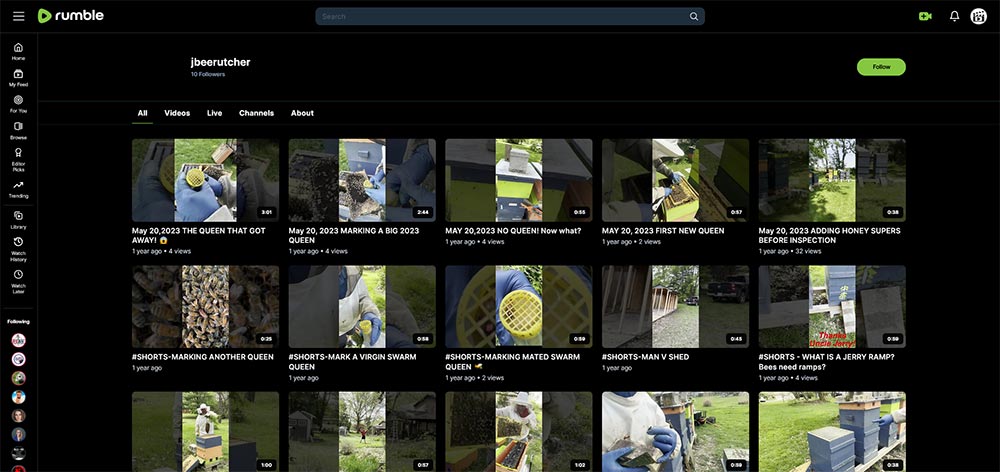 jbeerutcher - Beekeeping Rumble channel home page screenshot.
