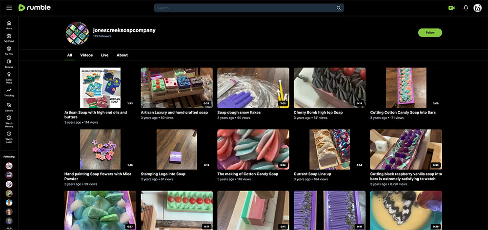 jonescreeksoapcompany - Soap making Rumble channel home page screenshot.