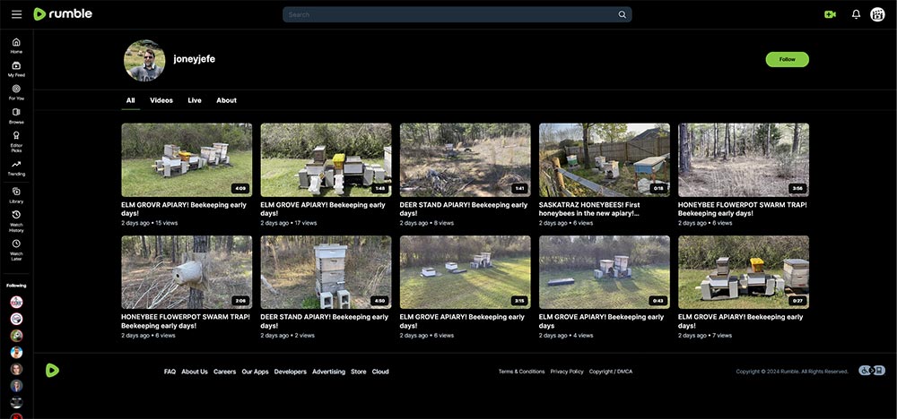 joneyjefe - Beekeeping Rumble channel home page screenshot.
