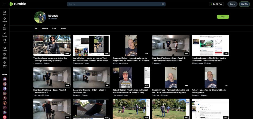 k9pack - Rumble Dog Training video channel home page screenshot.