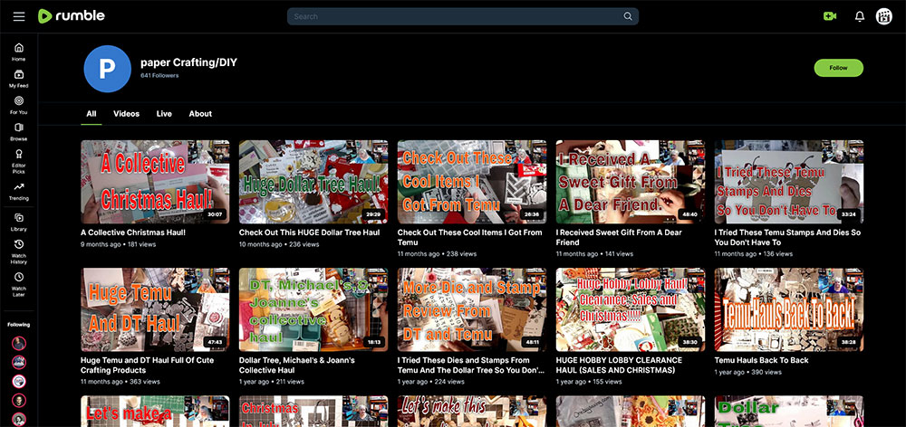 "paper-Crafting/DIY" Rumble Junk Journaling video channel home page screenshot.
