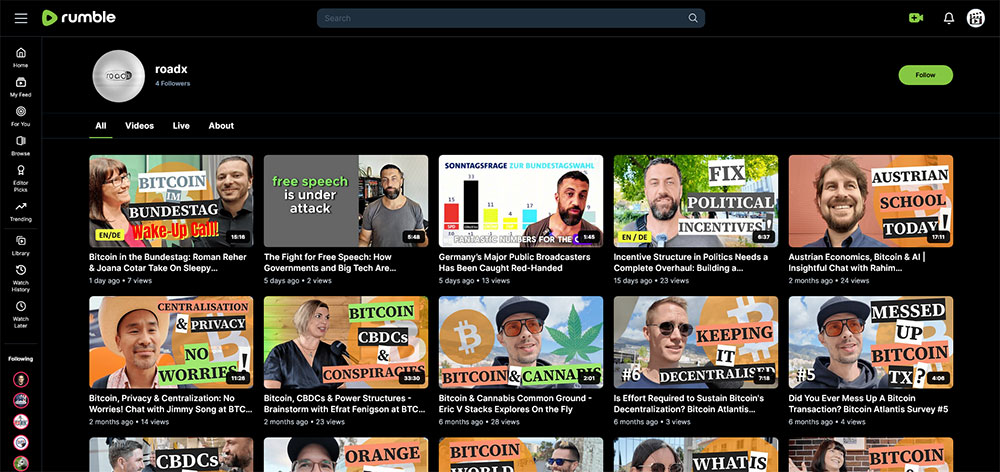 roadx - Rumble Cryptocurrency Bitcoin video channel home page screenshot.