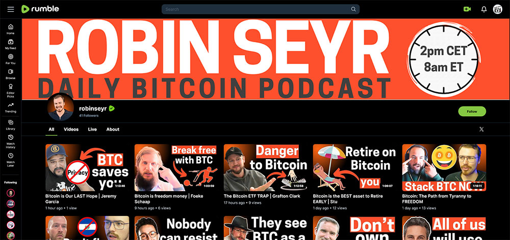robinseyr - Rumble Cryptocurrency Bitcoin video channel home page screenshot.