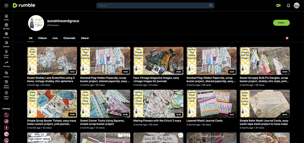"sunshineandgrace" Rumble Junk Journaling video channel home page screenshot.
