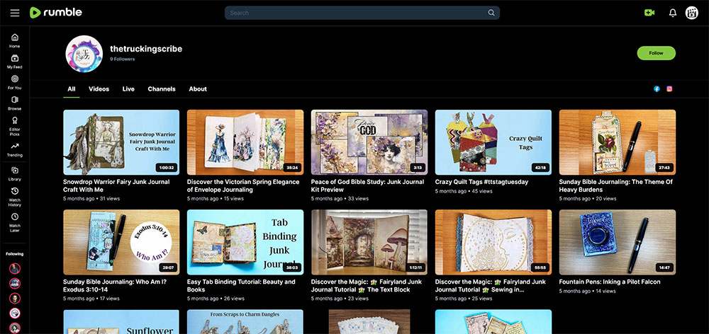 "thetruckingscribe" Rumble Junk Journaling video channel home page screenshot.