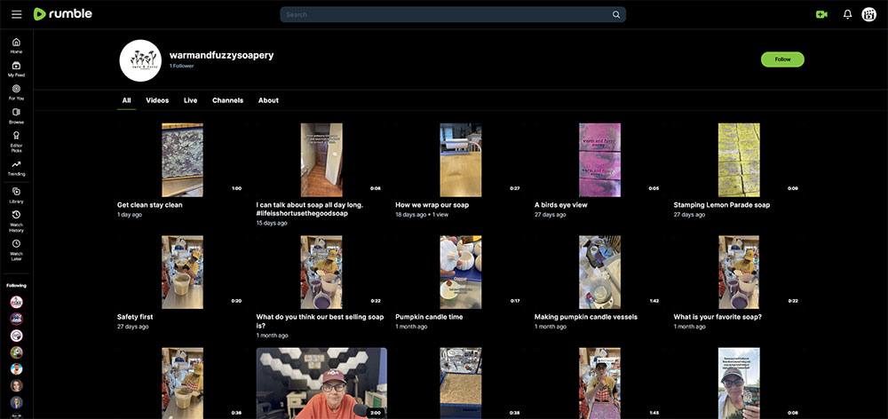 warmandfuzzysoapery - Soap making Rumble channel home page screenshot.